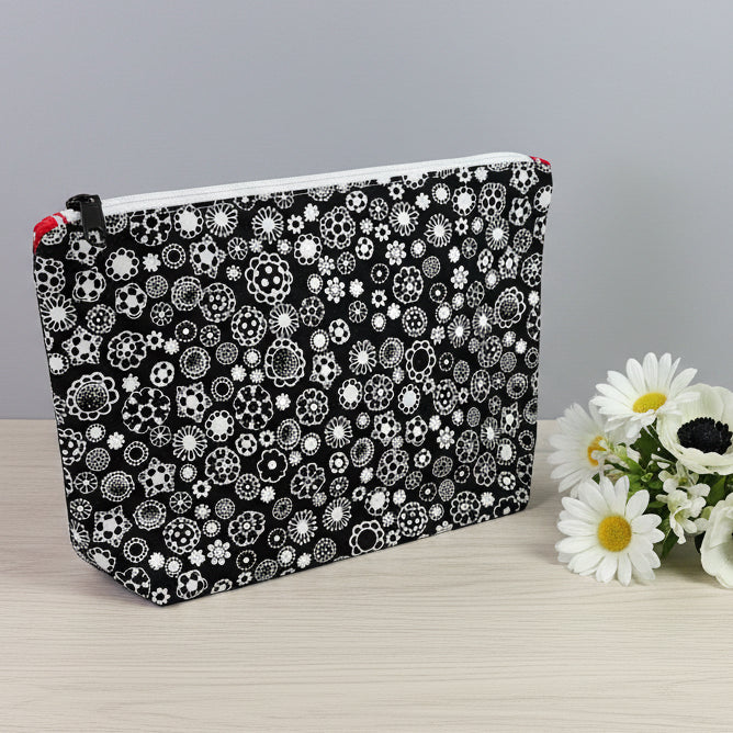 Handcrafted Zippered Bag With Gusset - Black & White - Premium Cotton
