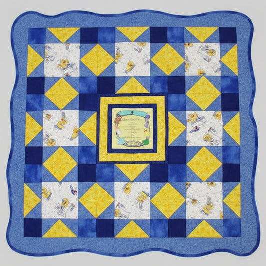 Quilt with blue and yellow diamond pattern