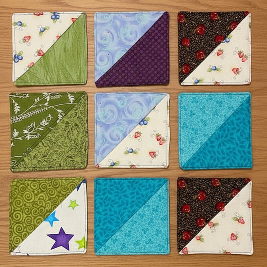 Nine square fabric samples with various patterns arranged in a 3x3 grid 