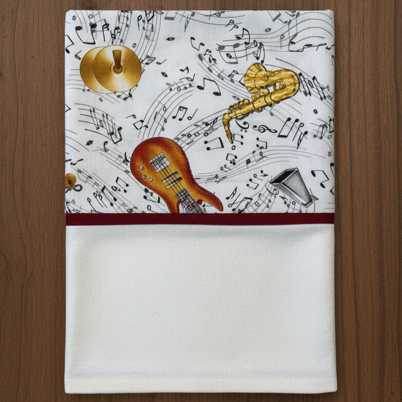 Pillowcase with musical instrument design on a white background