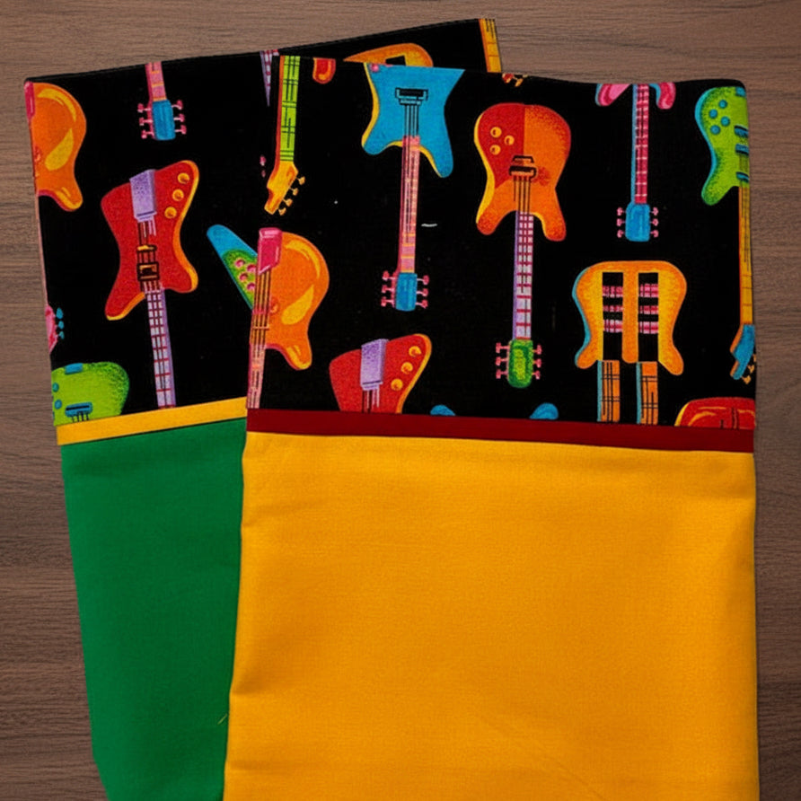 Colorful guitar patterned Pillowcase with a plain yellow background