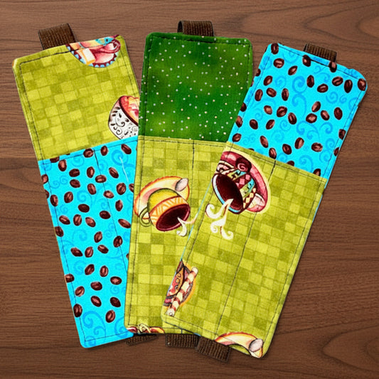 Set of colorful fabric pouches with cartoon designs 