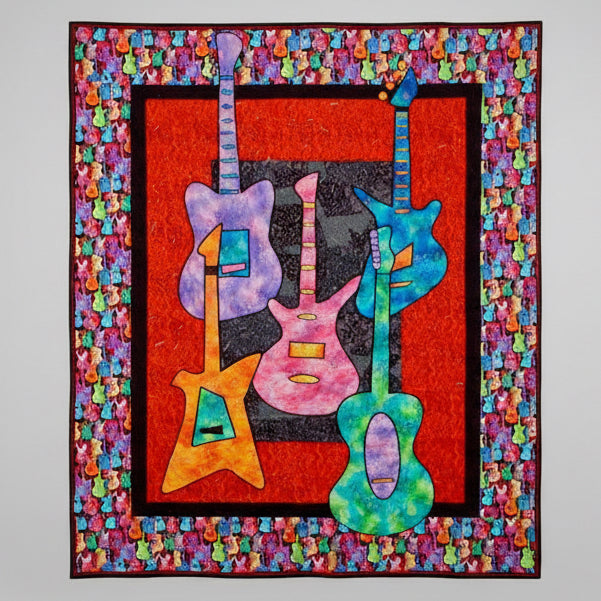 Colorful guitars on a red background with a guitar pattern border