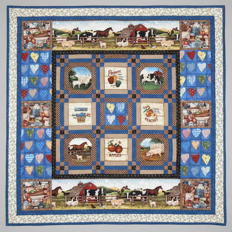 Quilt with farm-themed patterns and heart shapes on a dark background